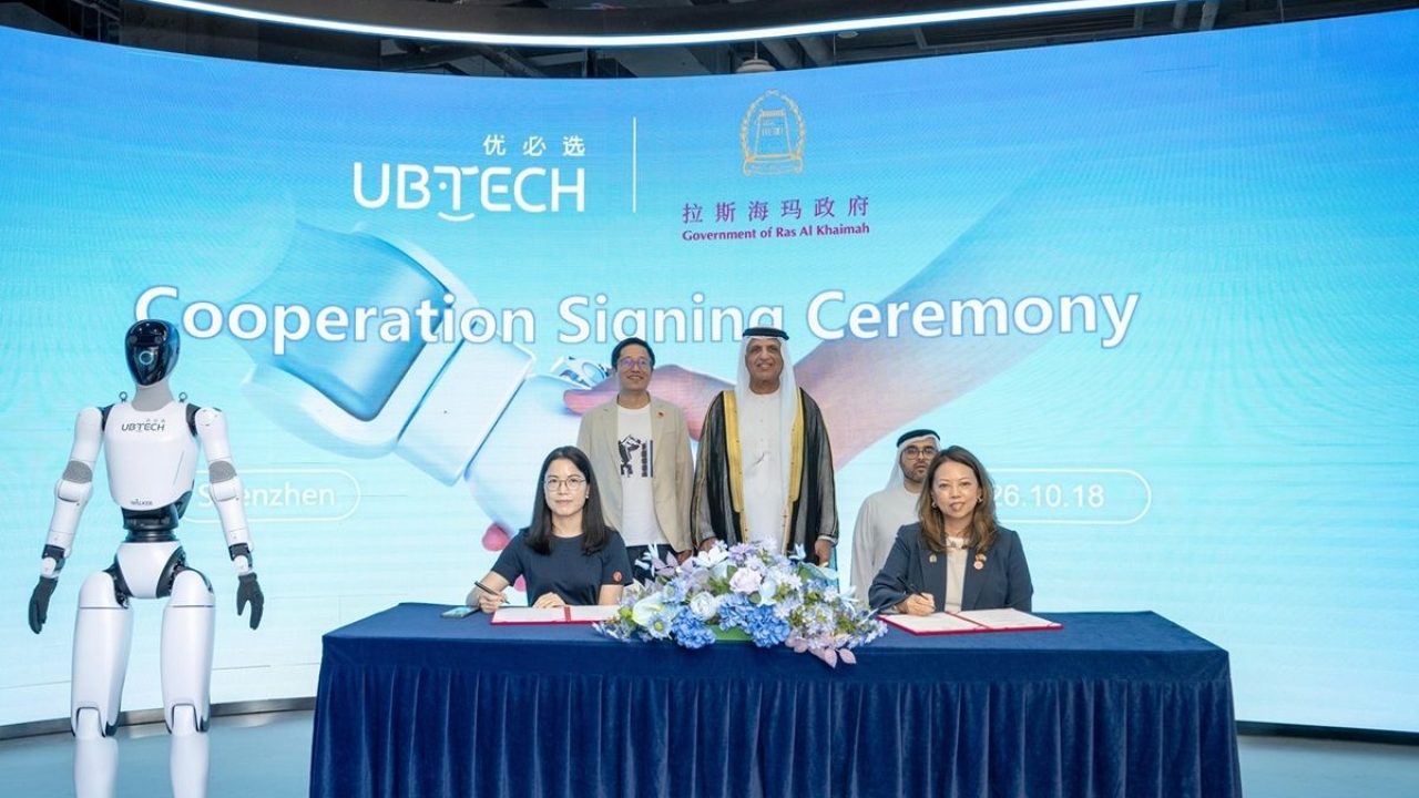 Cooperation signing ceremony between Ras Al Khaimah leadership and UBTECH with a humanoid robot in Shenzhen