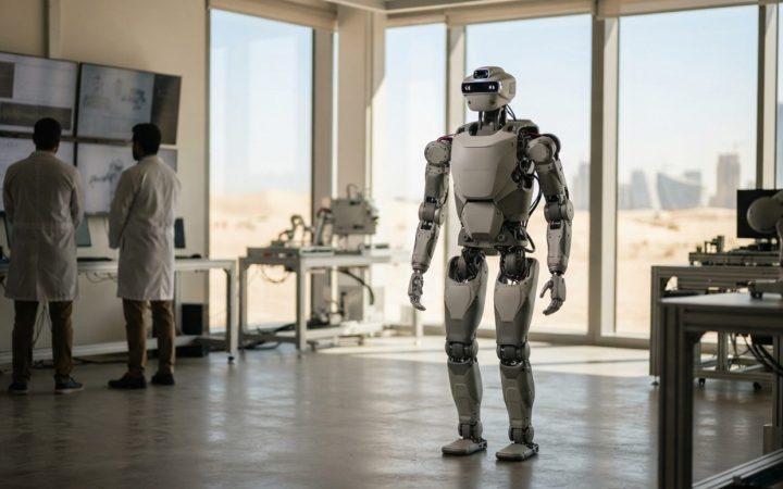 Illustration: A modern advanced humanoid robot standing in a bright high-tech robotics research laboratory with floor-to-ceiling glass windows showing