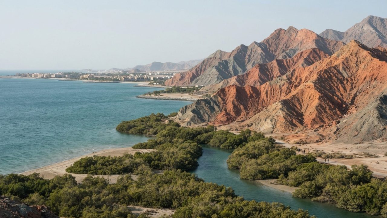 Illustration: Editorial photograph showing the coastal and mountain scenery of Ras Al Khaimah, featuring rugged red mountain ridges meeting calm Arabi
