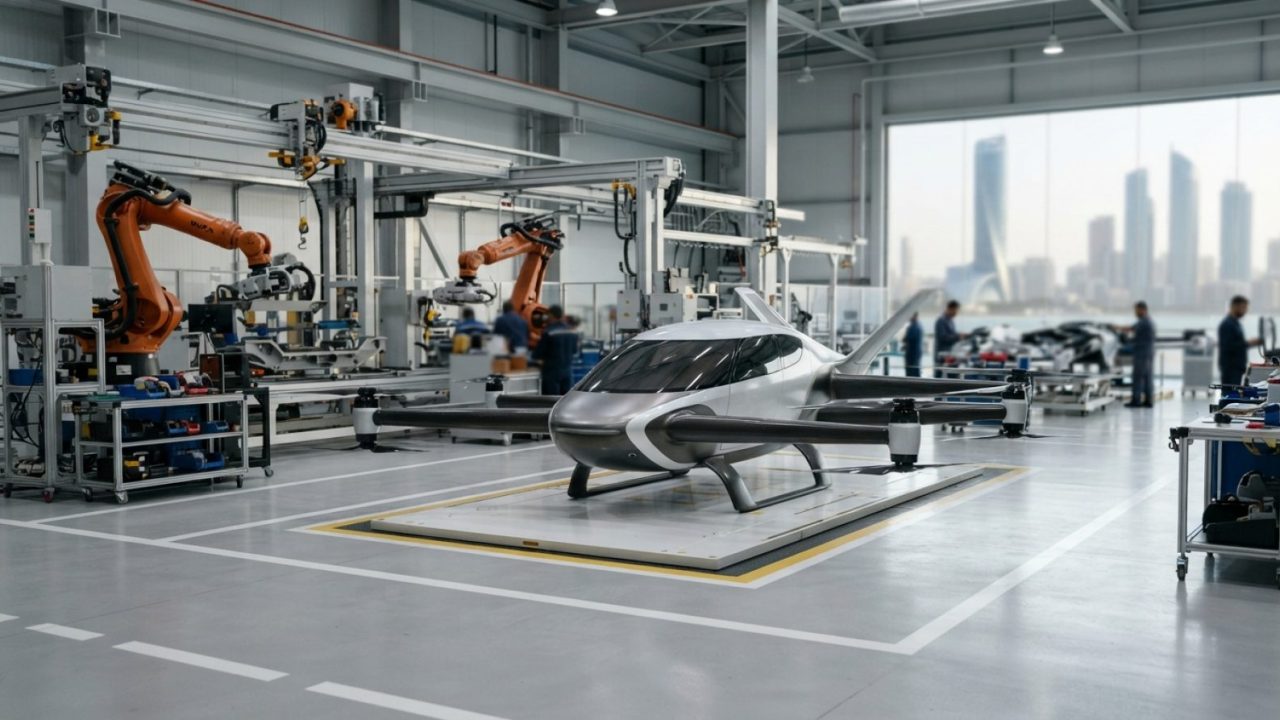 Illustration: A modern electric flying car inside a sleek, brightly lit aerospace manufacturing facility, with advanced robotic arms and clean industr