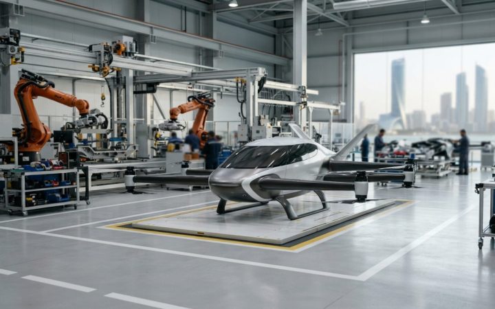 Illustration: A modern electric flying car inside a sleek, brightly lit aerospace manufacturing facility, with advanced robotic arms and clean industr