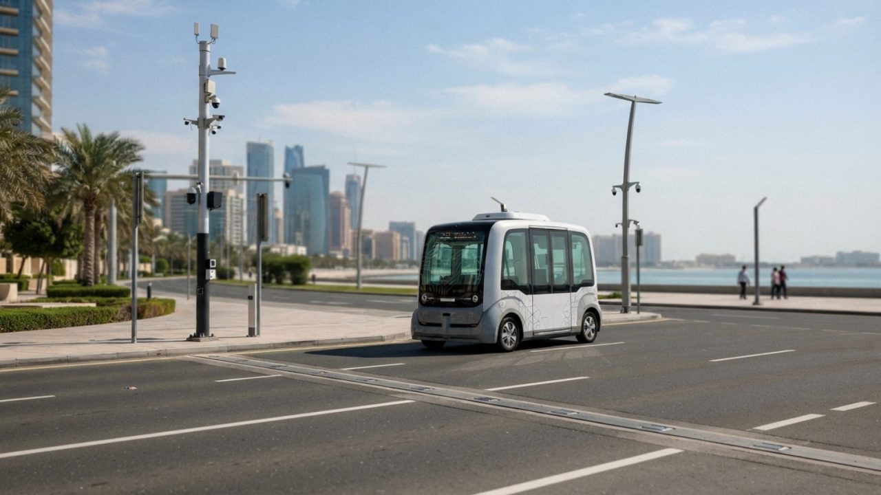 Illustration: A modern autonomous electric shuttle testing on a clean, sunlit multi-lane smart road in a coastal Gulf urban district, with smart senso