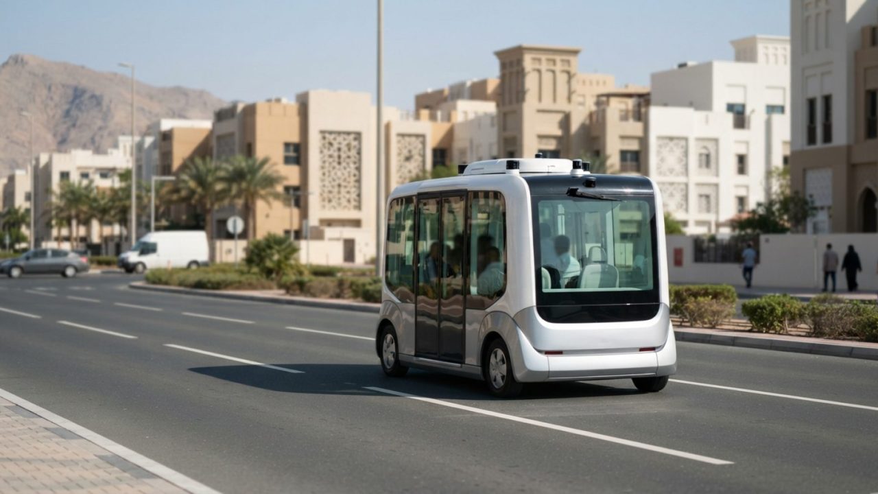 Illustration: A modern autonomous electric passenger vehicle navigating an open, sunny urban testing street in Ras Al Khaimah, featuring desert archit