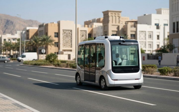 Illustration: A modern autonomous electric passenger vehicle navigating an open, sunny urban testing street in Ras Al Khaimah, featuring desert archit