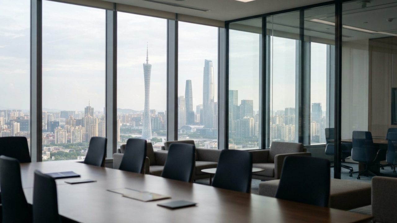 Illustration: A modern corporate office interior with glass meeting rooms overlooking the skyline of Guangzhou, natural daytime lighting, professional