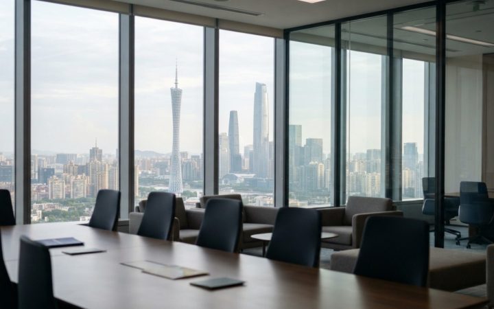 Illustration: A modern corporate office interior with glass meeting rooms overlooking the skyline of Guangzhou, natural daytime lighting, professional
