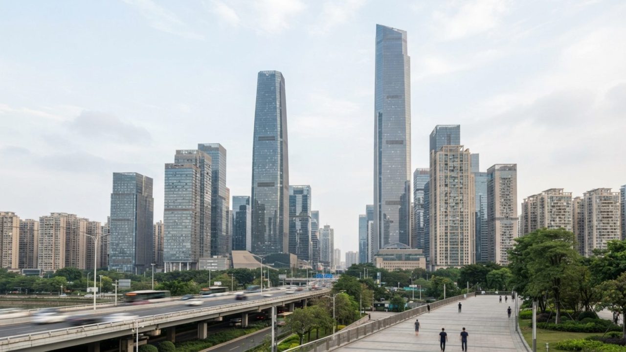Illustration: Exterior view of high-rise modern glass skyscrapers in Guangzhou Tianhe Central Business District under daylight, architectural photogra