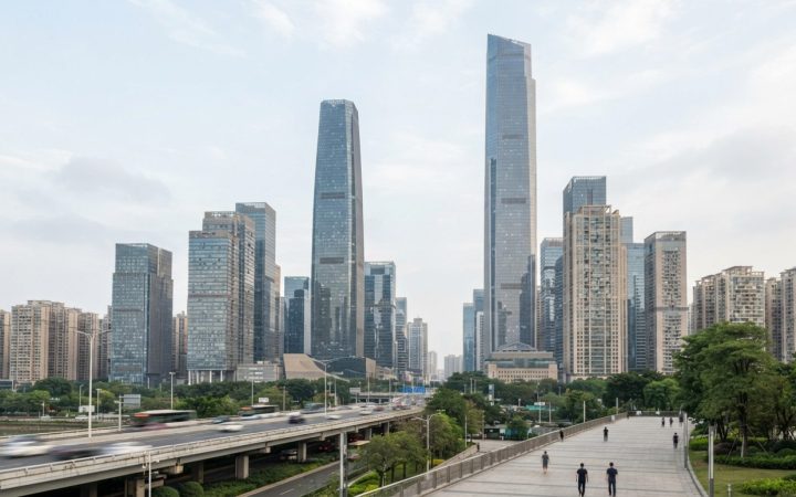 Illustration: Exterior view of high-rise modern glass skyscrapers in Guangzhou Tianhe Central Business District under daylight, architectural photogra