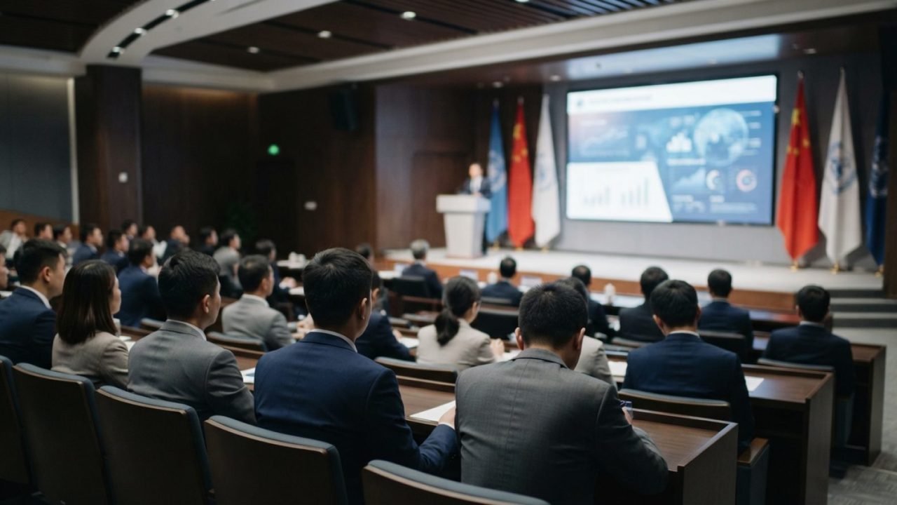 Illustration: A modern trade conference hall with business executives seated in an auditorium, contemporary stage lighting, and professional business