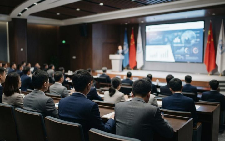 Illustration: A modern trade conference hall with business executives seated in an auditorium, contemporary stage lighting, and professional business