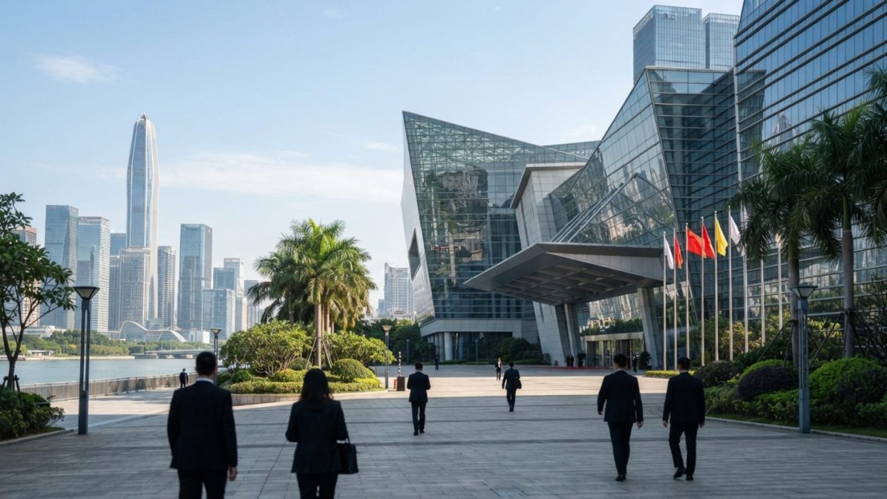 Illustration: A modern glass conference center exterior in Shenzhen next to high-tech architecture and palms under clear daylight.