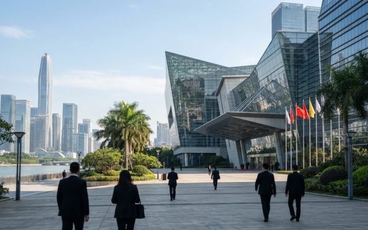 Illustration: A modern glass conference center exterior in Shenzhen next to high-tech architecture and palms under clear daylight.