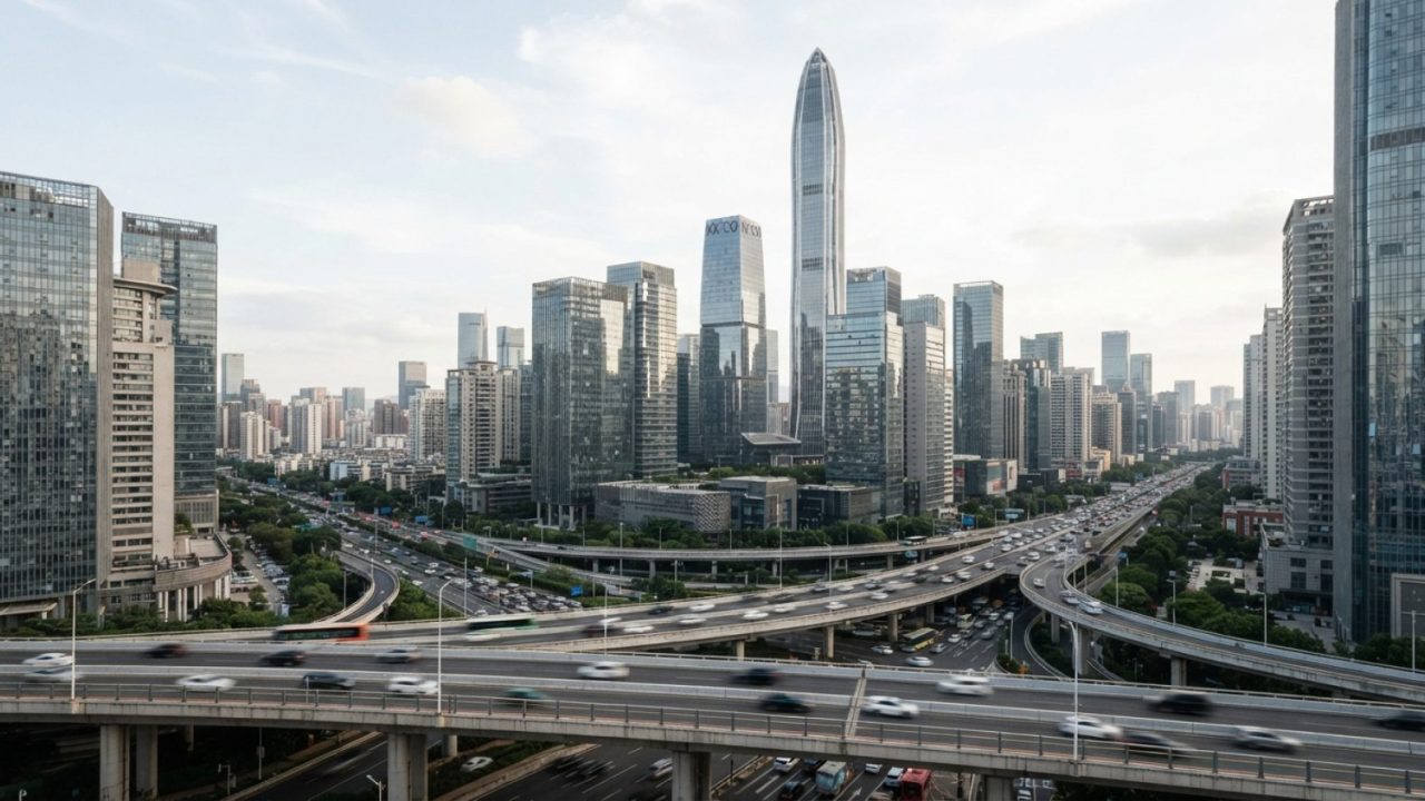 Illustration: Modern urban skyline of Shenzhen with sleek glass skyscrapers, highway overpasses, and contemporary commercial buildings under daylight,
