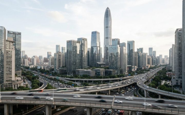 Illustration: Modern urban skyline of Shenzhen with sleek glass skyscrapers, highway overpasses, and contemporary commercial buildings under daylight,