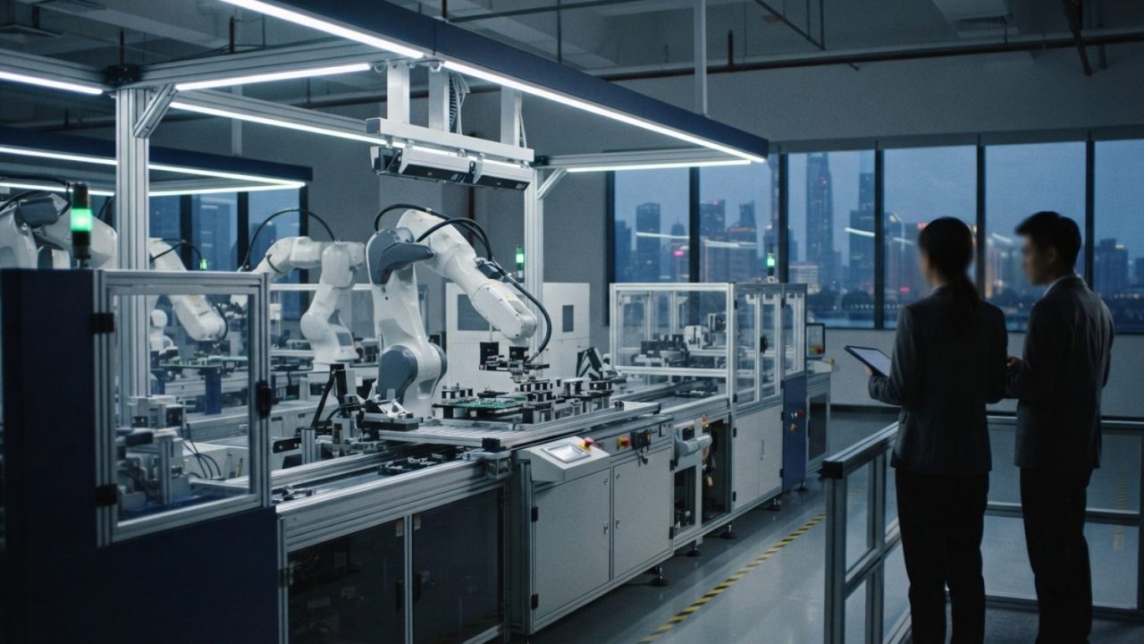 Illustration: A modern advanced industrial robotics facility with automated robotic arms and precision electronic assembly lines, illuminated by crisp