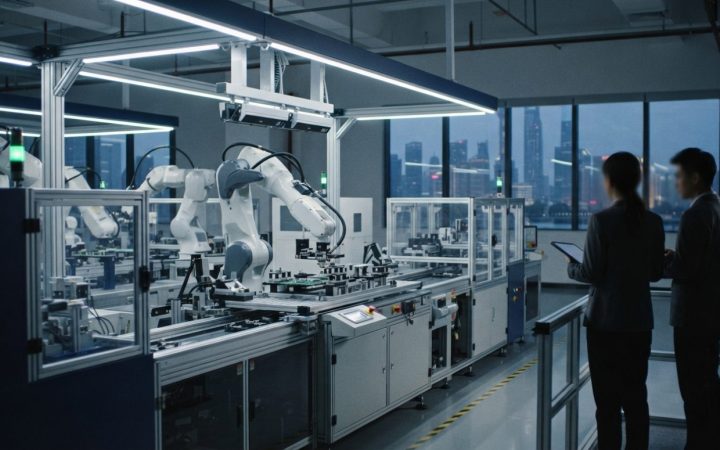 Illustration: A modern advanced industrial robotics facility with automated robotic arms and precision electronic assembly lines, illuminated by crisp