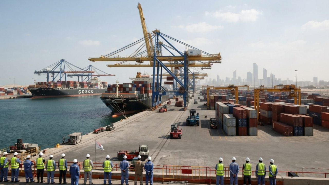 Illustration: Commercial cargo ships and container cranes active at a modern industrial seaport dock under a bright desert sky, with logistics equipme