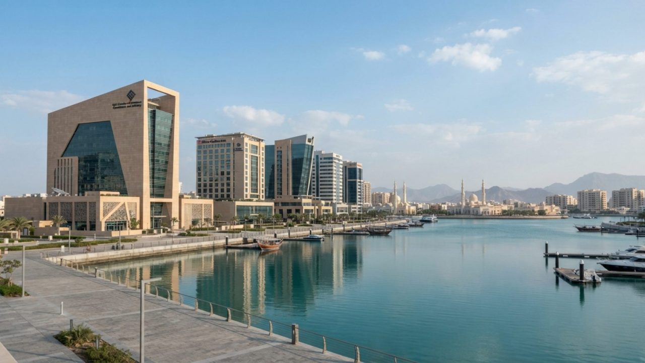 Illustration: Editorial photograph showing modern architectural landmarks and waterfront commercial developments in Ras Al Khaimah under bright daylig
