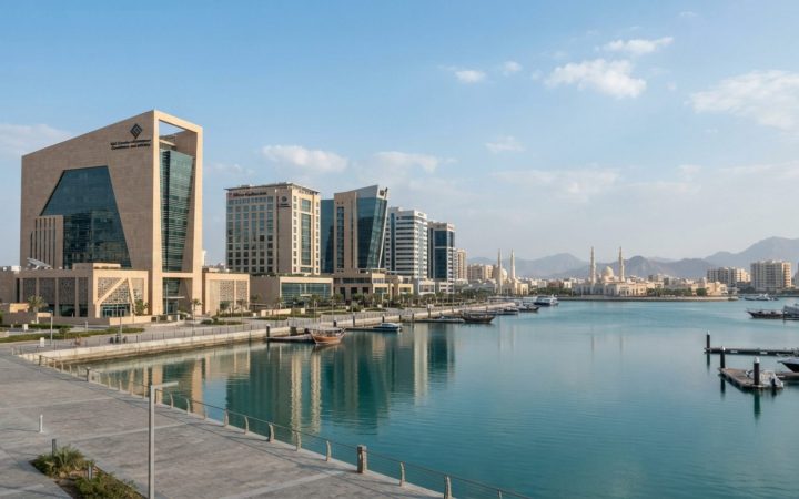 Illustration: Editorial photograph showing modern architectural landmarks and waterfront commercial developments in Ras Al Khaimah under bright daylig