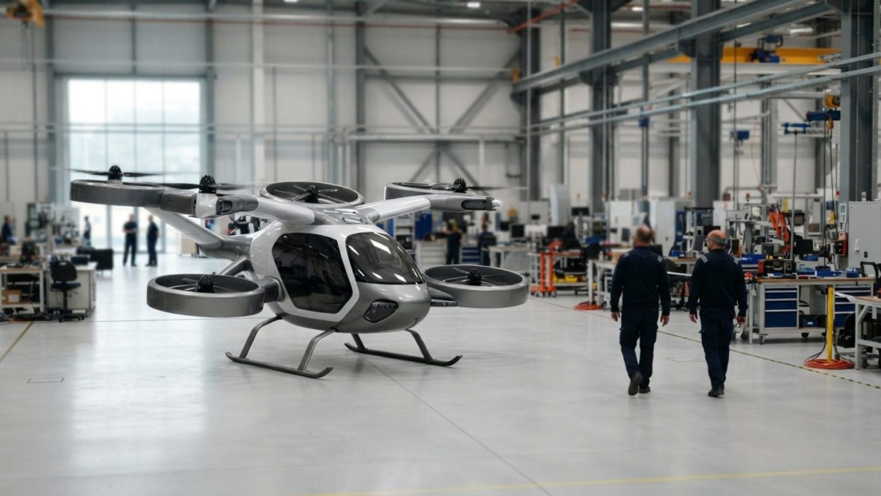 Illustration: A modern futuristic modular electric vertical takeoff and landing aircraft displayed inside a clean, high-tech industrial assembly hall,