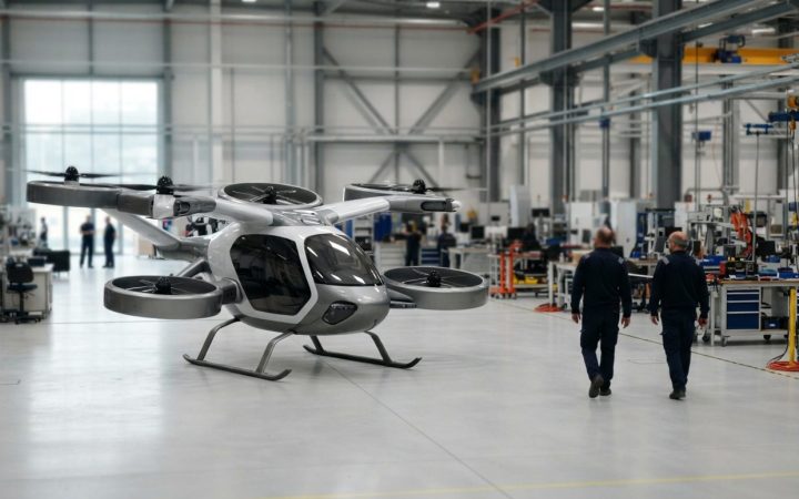 Illustration: A modern futuristic modular electric vertical takeoff and landing aircraft displayed inside a clean, high-tech industrial assembly hall,