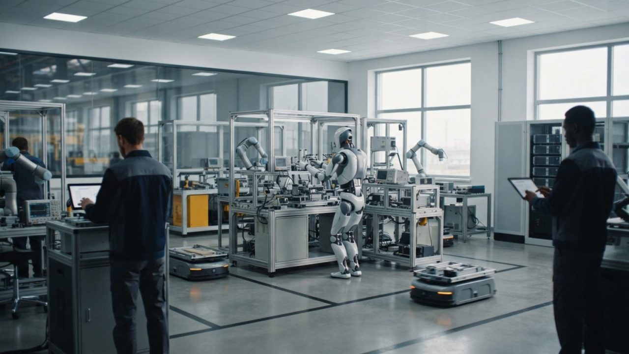 Illustration: A modern advanced technology testing laboratory featuring high-tech humanoid robotic machinery and automated systems in an industrial sm