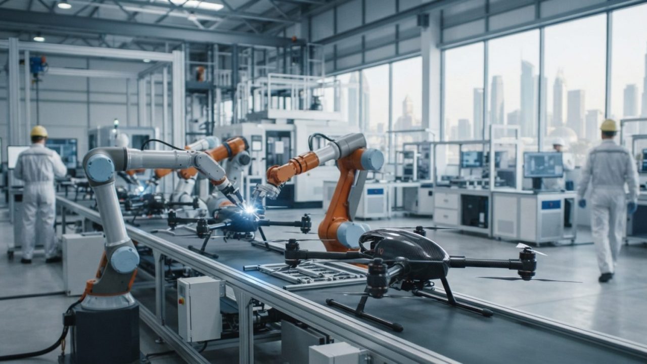 Illustration: A modern smart manufacturing plant with robotic arms and advanced autonomous aerial vehicles on an automated assembly line, photographed