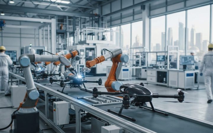 Illustration: A modern smart manufacturing plant with robotic arms and advanced autonomous aerial vehicles on an automated assembly line, photographed