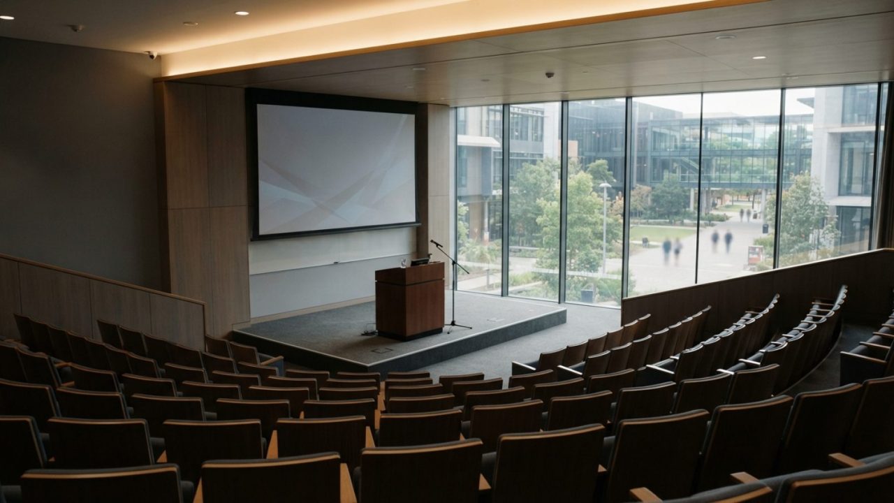 Illustration: A modern university lecture hall interior with empty tiered wooden seating facing a bright stage and large presentation display, soft ar