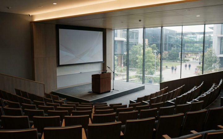 Illustration: A modern university lecture hall interior with empty tiered wooden seating facing a bright stage and large presentation display, soft ar