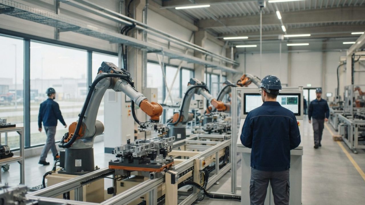 Illustration: Modern high-tech industrial manufacturing facility with robotic arms and advanced engineering equipment in a clean factory interior, bat