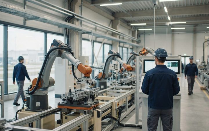 Illustration: Modern high-tech industrial manufacturing facility with robotic arms and advanced engineering equipment in a clean factory interior, bat