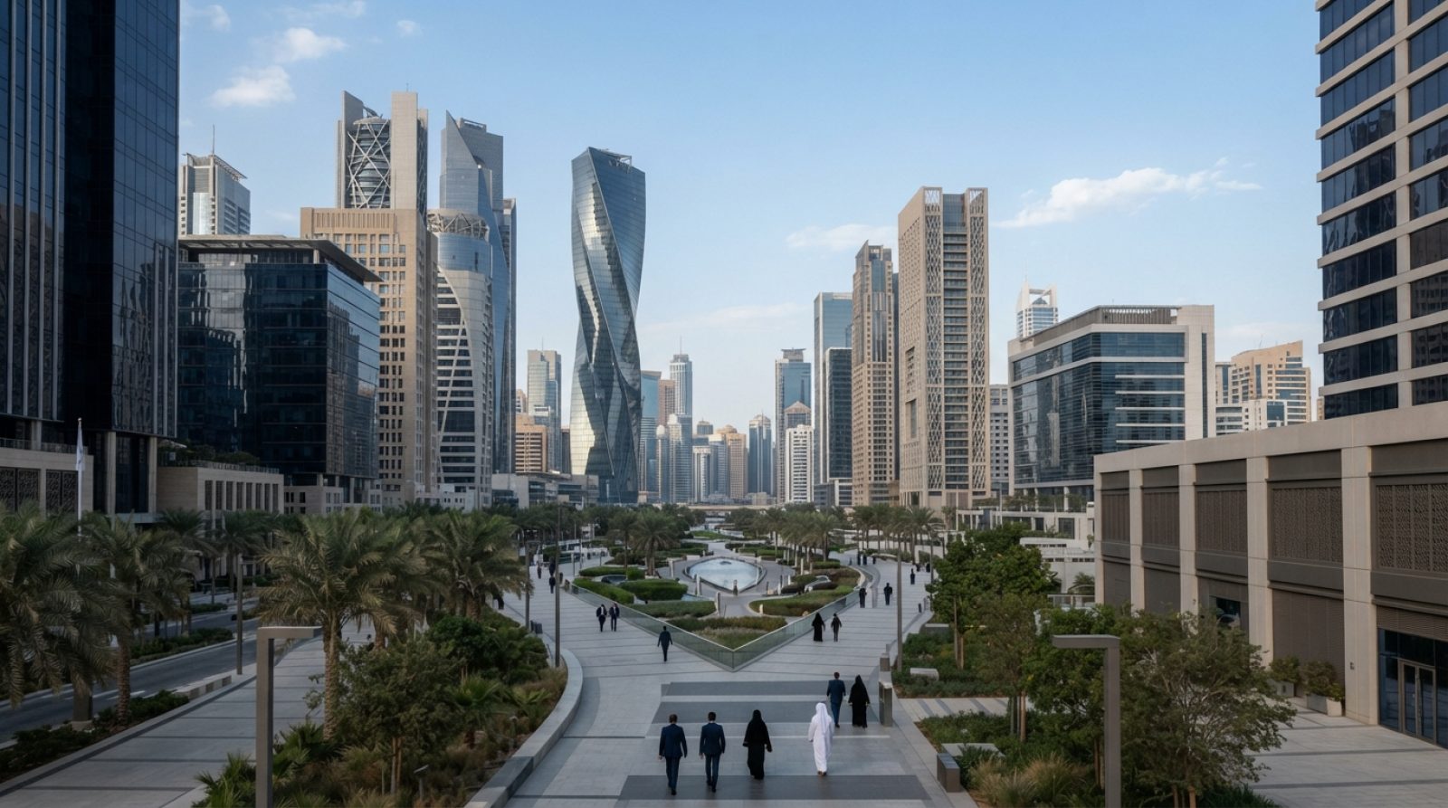 Illustration: Editorial news photograph of modern glass commercial high-rise towers in a UAE financial free zone during daylight, showing contemporary