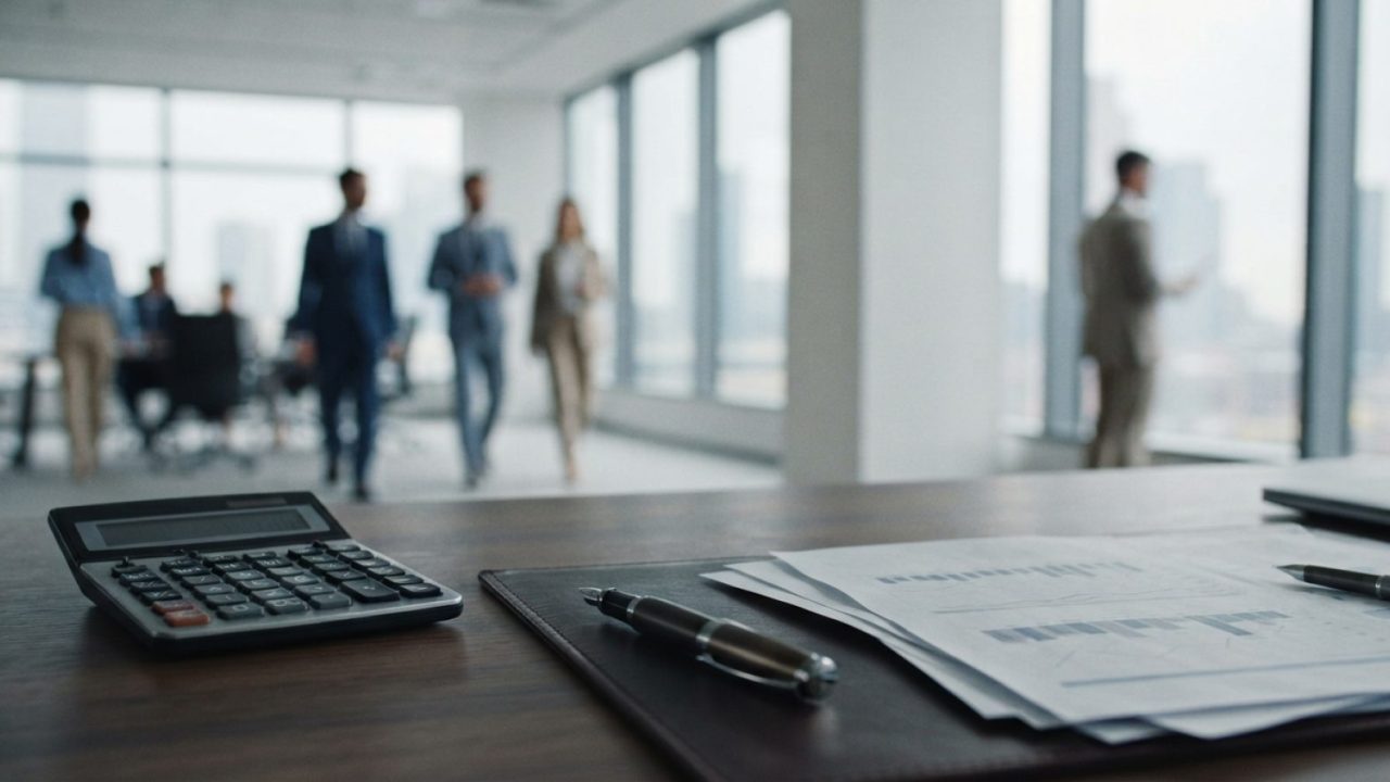 Illustration: A modern financial office workspace featuring a calculator, clean financial charts, and a sleek pen on a dark wooden desk, with an out-o