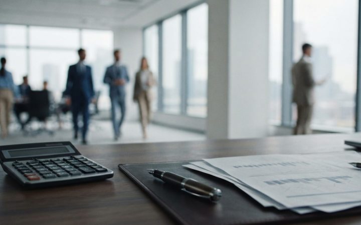 Illustration: A modern financial office workspace featuring a calculator, clean financial charts, and a sleek pen on a dark wooden desk, with an out-o