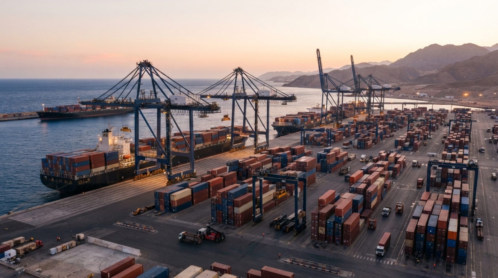 Illustration: Commercial container terminal along the Red Sea coast at sunrise, featuring cargo gantry cranes loading large container ships, viewed fr