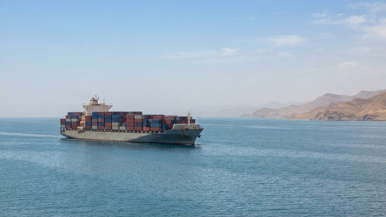 Illustration: A commercial cargo container ship navigating through calm waters near the Bab el-Mandeb strait under a clear midday sky, with dry arid c