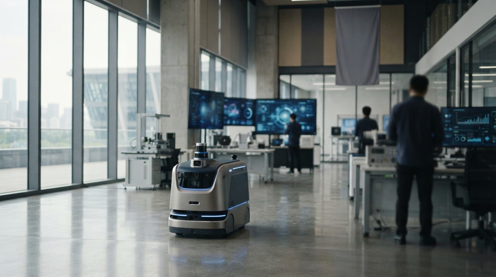 Illustration: A modern high-tech research and development showroom featuring an advanced autonomous mobile service robot moving smoothly across a poli