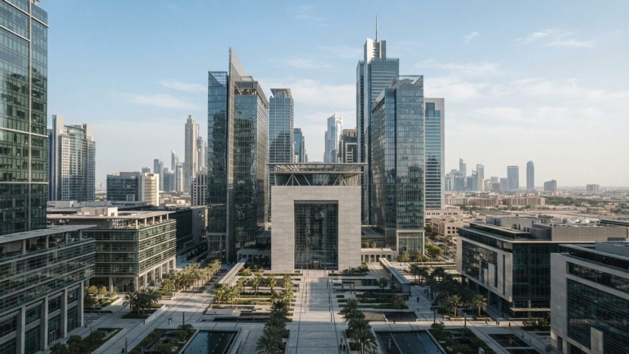 Illustration: Editorial photograph of the modern glass architectural towers of the Dubai International Financial Centre financial district bathed in c