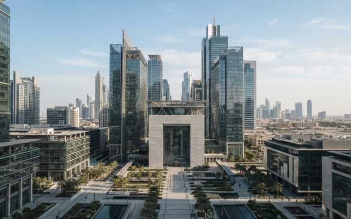 Illustration: Editorial photograph of the modern glass architectural towers of the Dubai International Financial Centre financial district bathed in c