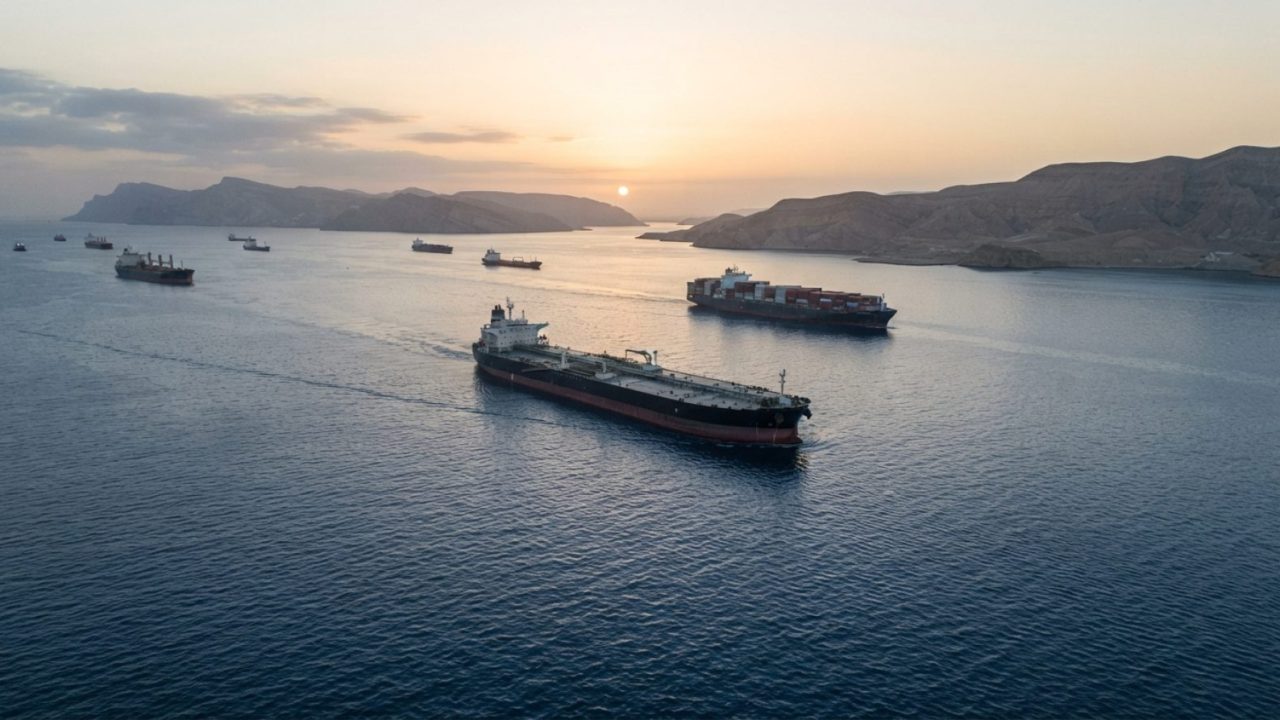 Illustration: An aerial editorial photograph of commercial supertankers and container vessels navigating calm deep blue waters near the Strait of Horm