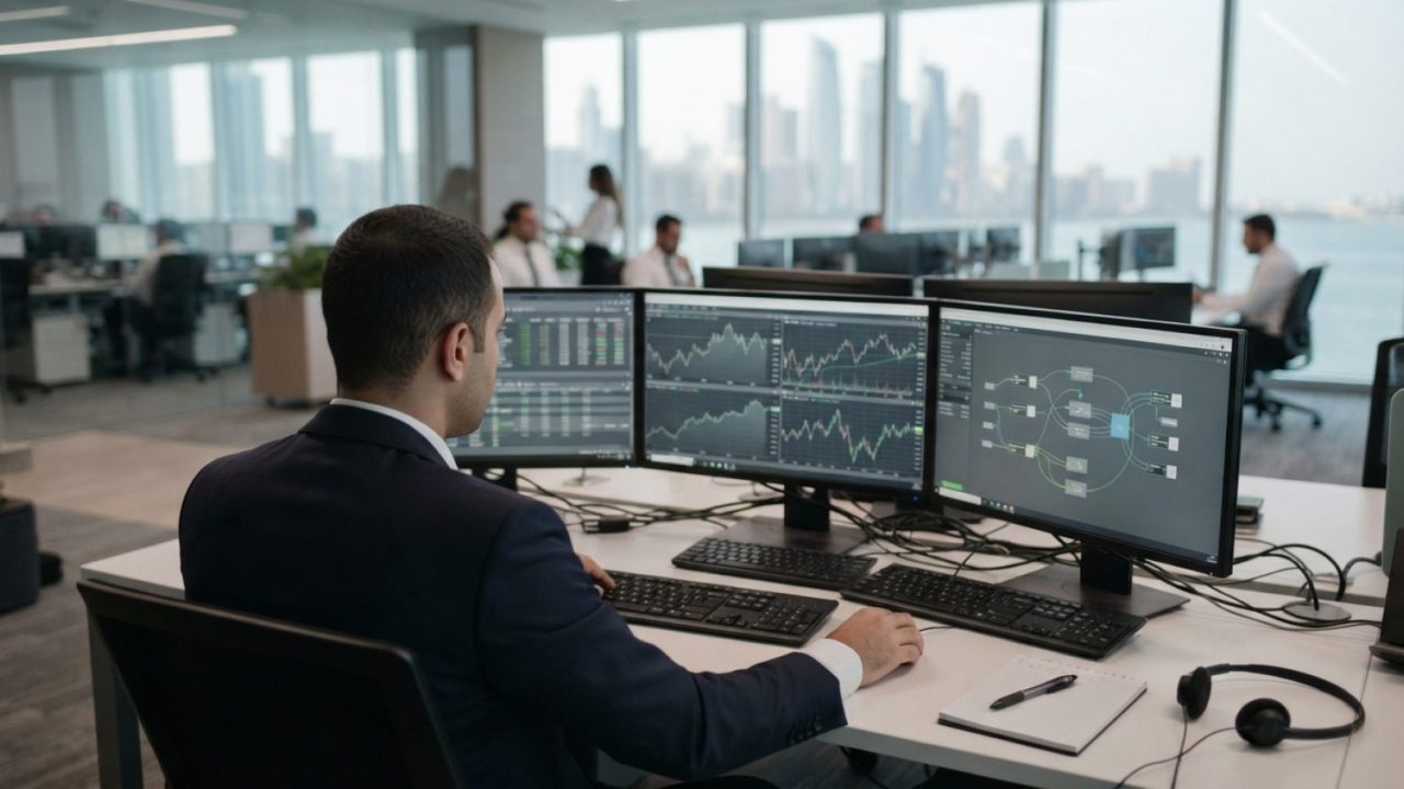 Illustration: A modern corporate financial trading workstation showing international currency exchange graphs and financial flow data on multiple scre