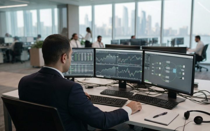 Illustration: A modern corporate financial trading workstation showing international currency exchange graphs and financial flow data on multiple scre