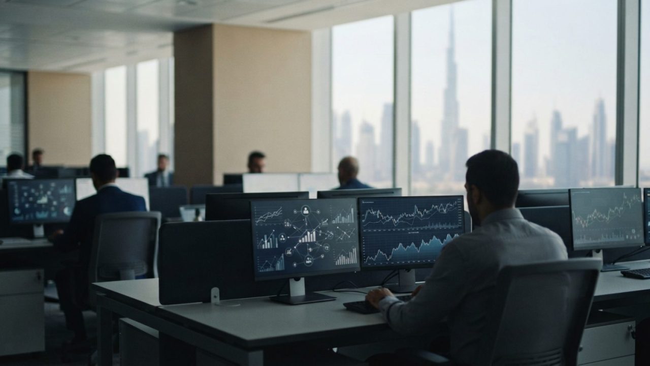 Illustration: A modern corporate banking office in Dubai, showing computer monitors with international financial transfer diagrams and currency exchan