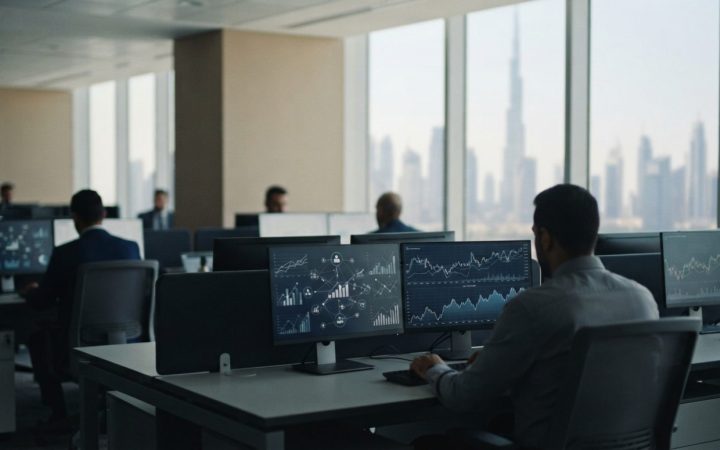 Illustration: A modern corporate banking office in Dubai, showing computer monitors with international financial transfer diagrams and currency exchan