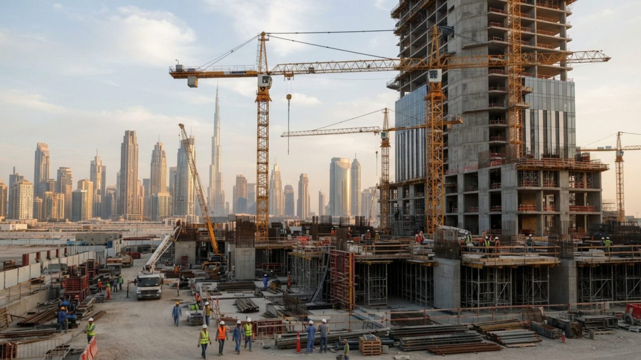 Illustration: A modern high-rise commercial construction site in Dubai with heavy tower cranes against the city skyline at golden hour, realistic edit