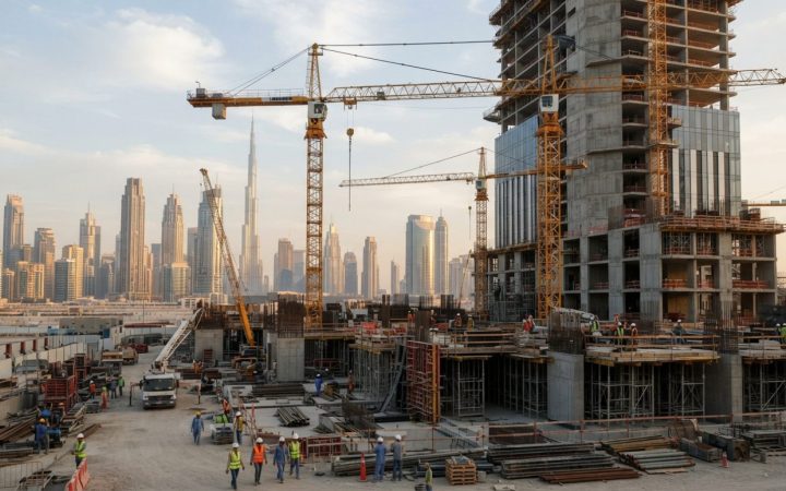 Illustration: A modern high-rise commercial construction site in Dubai with heavy tower cranes against the city skyline at golden hour, realistic edit