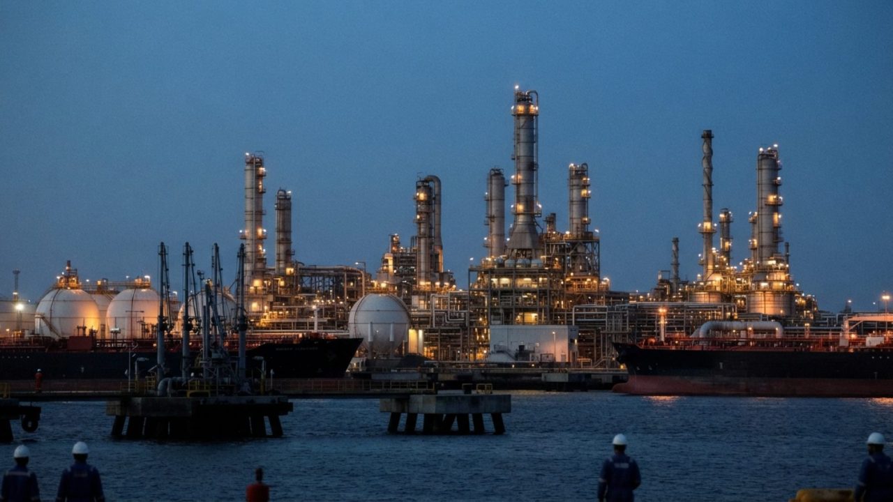 Illustration: A modern coastal petrochemical refinery complex at dusk with illuminated cracking towers, storage tanks, and industrial piping near a de