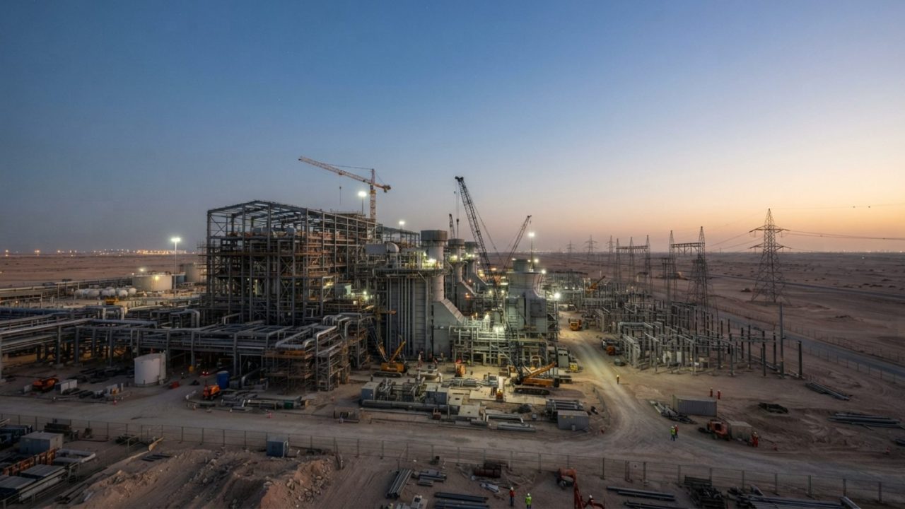 Illustration: A realistic wide-angle editorial photograph of a large gas turbine power plant under construction in the desert industrial landscape of