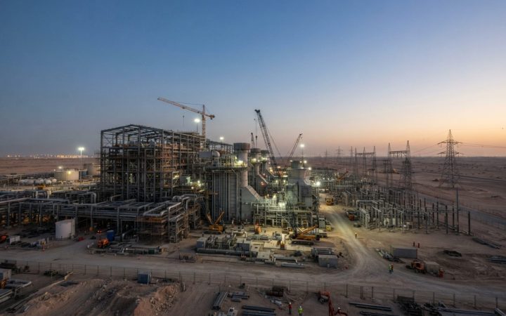 Illustration: A realistic wide-angle editorial photograph of a large gas turbine power plant under construction in the desert industrial landscape of